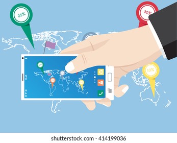Hand touch on mobile phone network icon for network solution worldwide, Vector Illustration EPS 10.