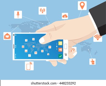 Hand touch on mobile phone network icon for network solution worldwide, Vector Illustration EPS 10.