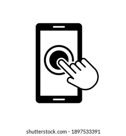 Hand touch on smartphone. Phone display silhouette. Vector flat illustration. Smartphone screen with hand. Touch screen icon on white background.