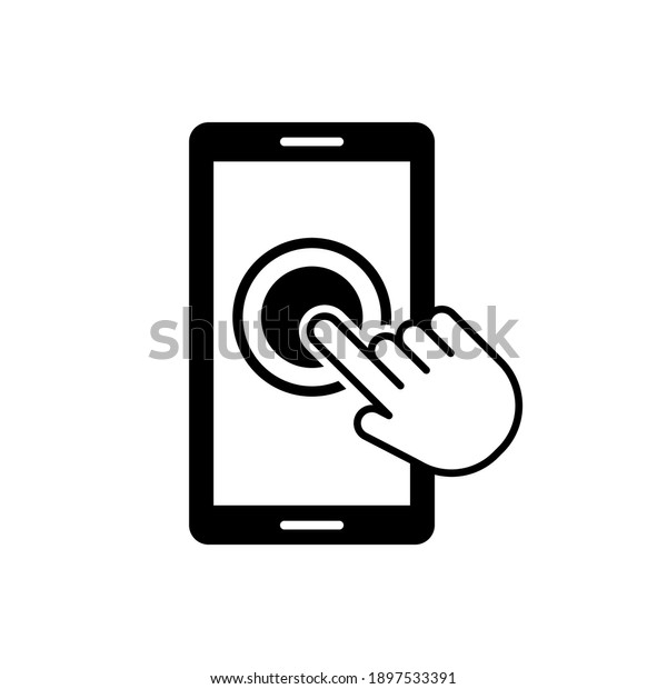 Hand touch on smartphone. Phone display\
silhouette. Vector flat illustration. Smartphone screen with hand.\
Touch screen icon on white\
background.