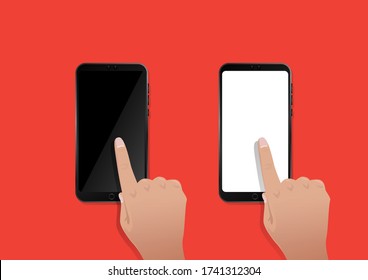 Hand touch on smartphone screen, turn off and white blank screen on top view, isolated vector illustration.