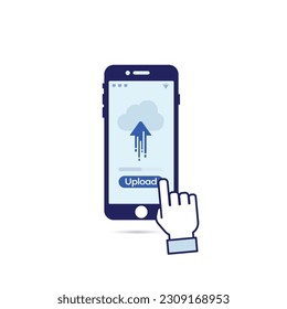  toque de mano en la pantalla del smartphone con el botón de nube y envío