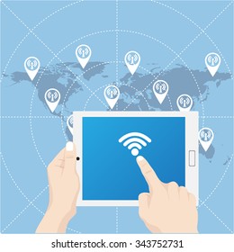 Hand touch on tablet computer network icon for network solution worldwide, Vector Illustration EPS 10.