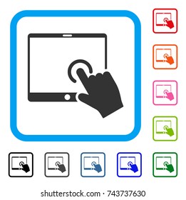 Hand Touch PDA icon. Flat grey iconic symbol in a blue rounded rectangular frame. Black, gray, green, blue, red, orange color additional versions of Hand Touch PDA vector.