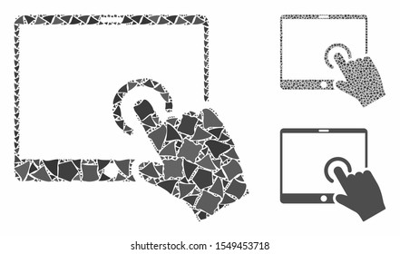 Hand touch PDA mosaic of unequal items in various sizes and color tints, based on hand touch PDA icon. Vector uneven parts are combined into collage. Hand touch PDA icons collage with dotted pattern.