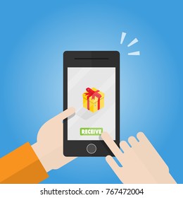 hand touch phone screen to receive gift on blue background.