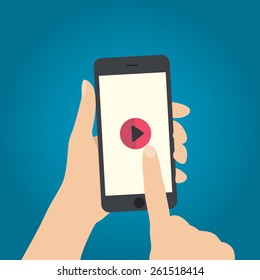 hand touch play button on smartphone vector