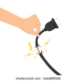 Hand touch plug have fire and dangerous concept.