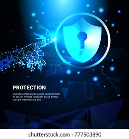 Hand Touch Protection Shield Blue Polygonal über das Geschäftskonzept der Vektorgrafik zur Datensicherheit
