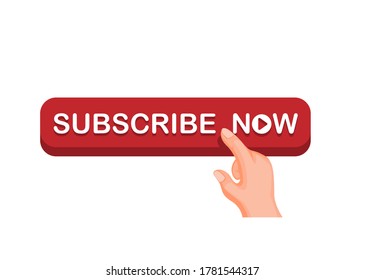 Hand touch push subscribe now button for streaming video channel or etc. concept cartoon illustration vector isolated in white background