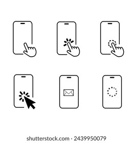 Teléfono inteligente de pantalla táctil de mano. Icono de pantalla táctil del teléfono móvil. Haz clic en el smartphone. Ilustración vectorial.