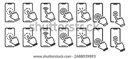 Hand touch screen smartphone. Click on the smartphone. Electronic device art. Touch screen icons