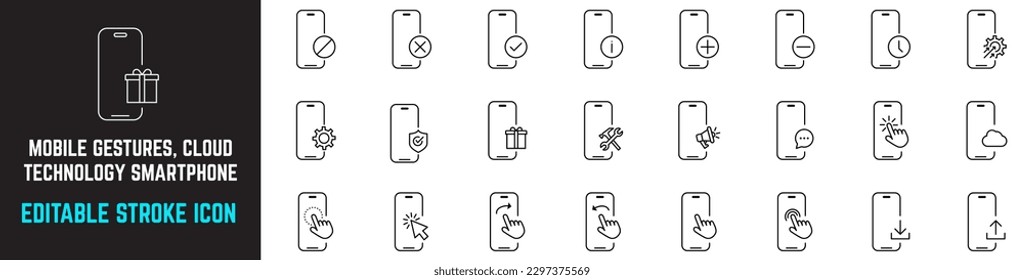 Icono de trazo modificable de la pantalla táctil manual del smartphone, Diferentes gestos móviles en el smartphone.  Iconos lineales de teléfonos móviles. Colección de signos vectoriales de contorno de tecnología móvil.