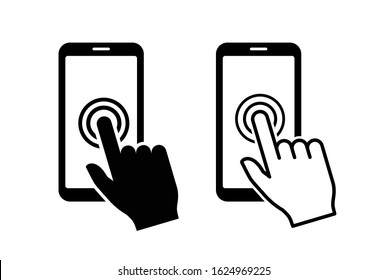 Hand touch screen smartphone icon. Click on the smartphone. Vector icon