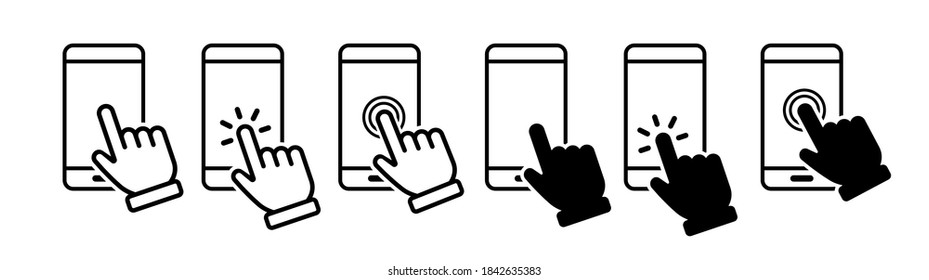 Hand touch screen smartphone icon. Click on the smartphone. Vector icon