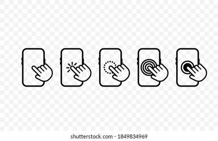 Hand touch screen smartphone icon. Smartphone screen with clicking finger. Cursor icon vector. Hand pointer vector