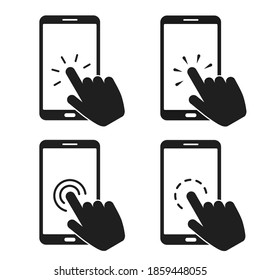 Hand touch screen smartphone icon. Smartphone screen with clicking finger. Cursor icon vector. Hand pointer vector