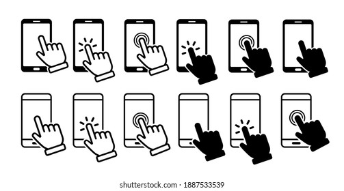 Hand touch screen smartphone icon. Click on the smartphone. Vector icon