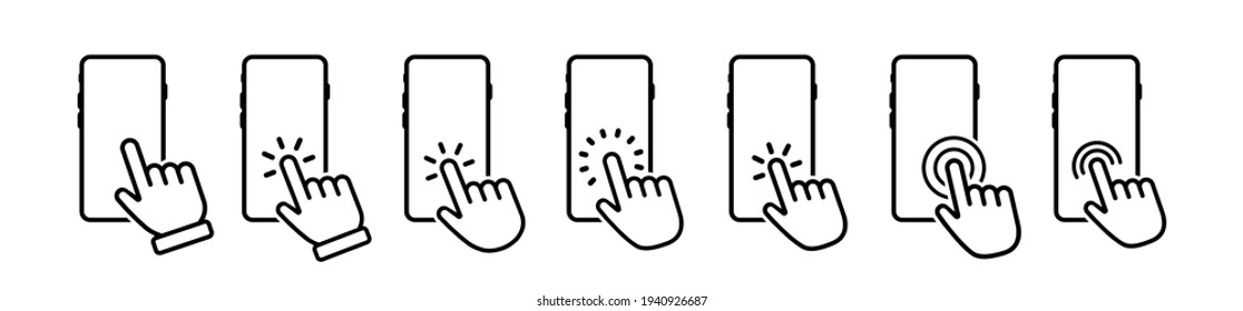 Hand touch screen smartphone icon. Click on the smartphone. Vector icon