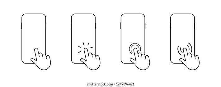 Icono de smartphone con pantalla táctil manual. Haz clic en el smartphone. Vector de fondo blanco.10Eps