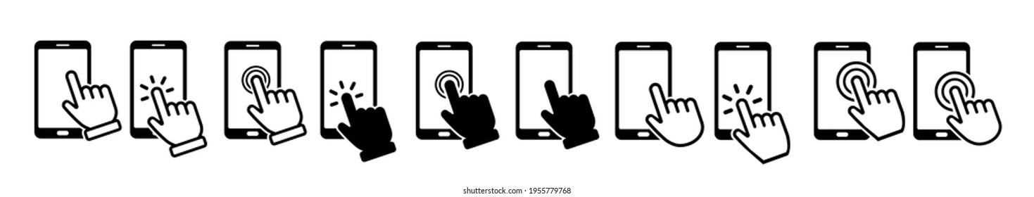 Hand touch screen smartphone icon. Click on the smartphone. Vector icon