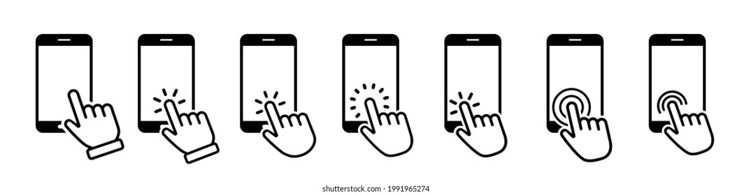 Hand touch screen smartphone icon. Click on the smartphone. Vector icon