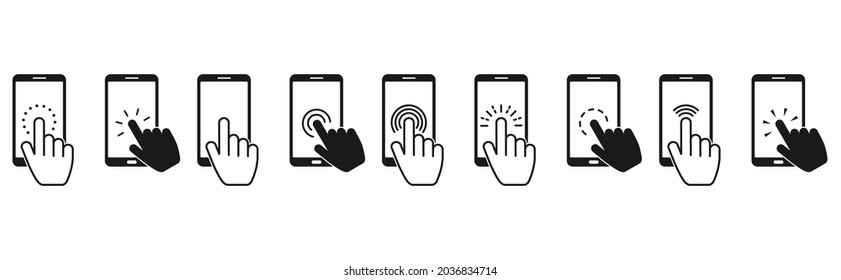 Hand Touchscreen Smartphone Symbol. Klicken Sie Hand, drücken Sie den Touchscreen. Vektorsymbol-Set