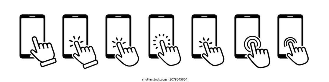 Hand touch screen smartphone icon. Click on the smartphone. Vector icon