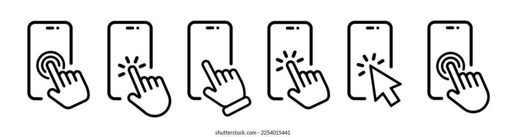 Icono de smartphone con pantalla táctil manual. Haz clic en el smartphone. Icono de vector