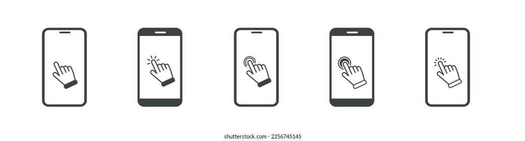 Hand Touchscreen Smartphone Symbol. Klicken Sie auf das Smartphone. Vektorsymbol. Vektorgrafik
