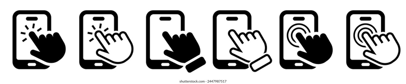 Hand touch screen smartphone icon. Mobile phone touch screen. Smartphone simple line icon. Touch screen display. Vector illustration.