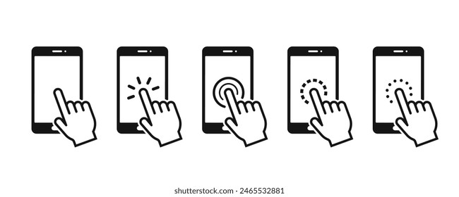 Hand touch screen smartphone icon. Click on the smartphone. Vector icon set