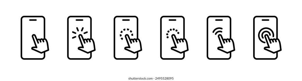 Hand touch screen smartphone icon set. Finger pointer with phone display vector illustration. Finger cursor pressing the screen device collection. Smartphone click symbol isolated.