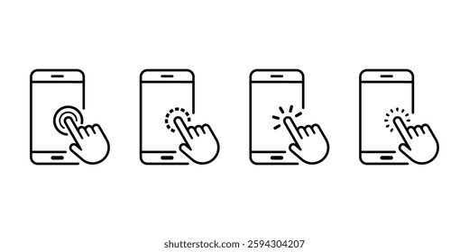 Hand touch screen smartphone icon. Click on the smartphone. Hand swipe on smartphone linear pictogram