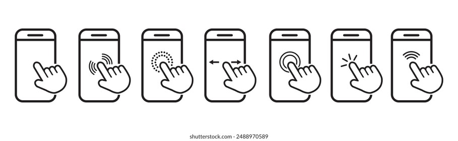 Teléfono inteligente con pantalla táctil. Icono de pantalla táctil del teléfono móvil. Smartphone con Hacer clic de cursor en pantalla. Hacer clic mano y flecha cursor en los iconos del teléfono
