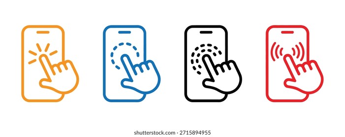 Smartphone de pantalla táctil de mano. Icono de la pantalla táctil del teléfono móvil. Hacer clic en el smartphone. Ilustración vectorial.