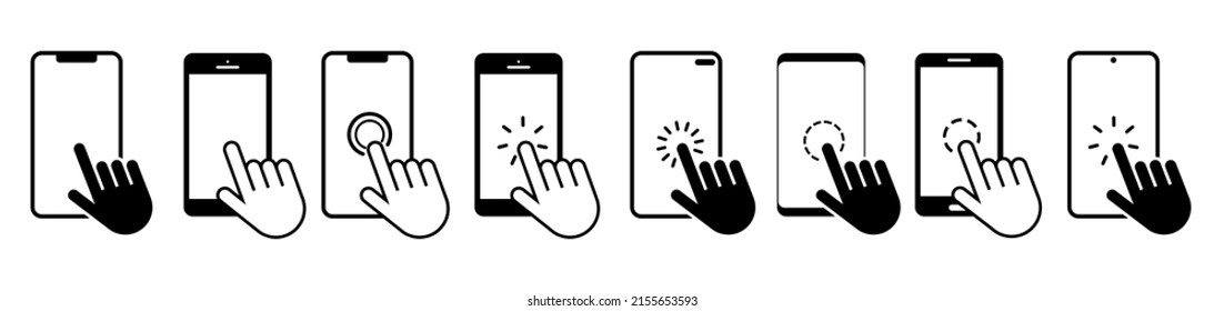 Hand touch screen smartphone vector icons.Hand click.Smartphone simple line icon.Click on the smartphone.Touch screen display.