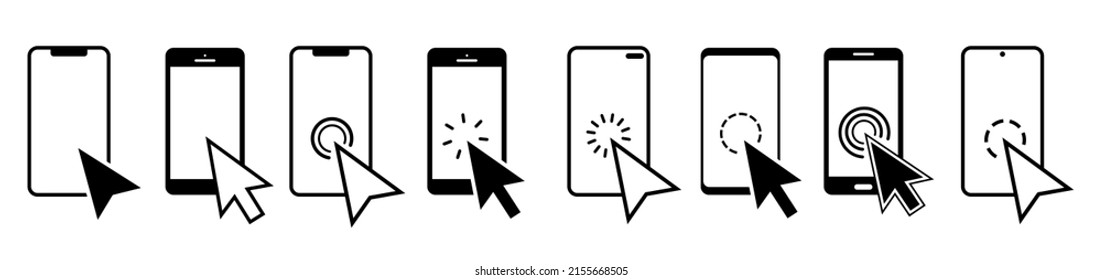 Hand touch screen smartphone vector icons.Hand click.Smartphone simple line icon.Click on the smartphone.Touch screen display.Cursor clicking.