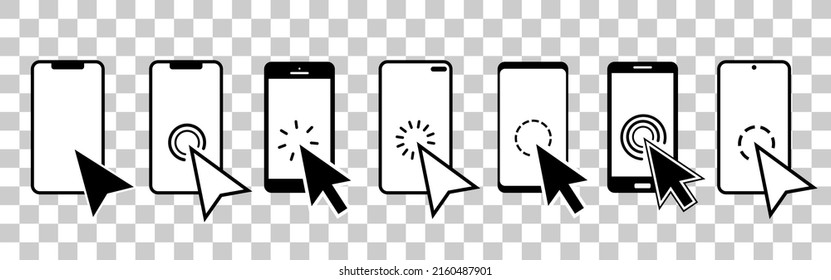 Hand touch screen smartphone vector icons.Hand click.Smartphone simple line icon.Click on the smartphone.Touch screen display.Cursor clicking.