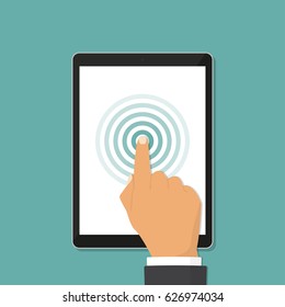Hand touch screnn of tablet in a flat design. Vector illustration