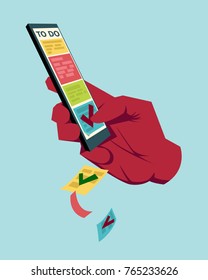 Hand touch selecting task on mobile phone to do list application