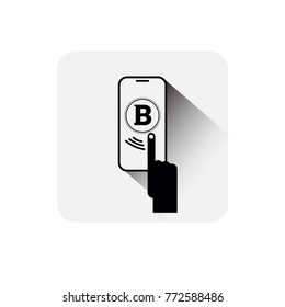 Hand Touch Smart Phone With Bitcoin Sign Icon Digital Web Money Crypto Currency Logo Concept Vector Illustration
