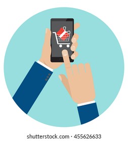Hand touch smart phone screen with supermarket cart and gift box in it. Vector illustration