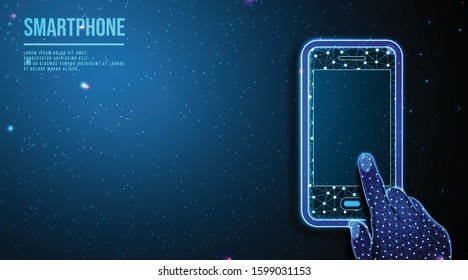 hand touch smartphone. Finger security concept.  abstract low poly wireframe mesh design. from connecting dot and line. vector illustration. futuristic background