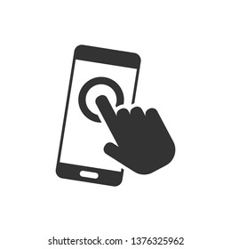 Hand touch smartphone icon in flat style. Phone finger vector illustration on white isolated background. Cursor touchscreen business concept.