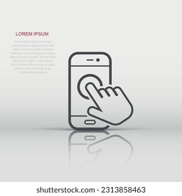 Hand touch smartphone icon in flat style. Phone finger vector illustration on white isolated background. Cursor touchscreen business concept.