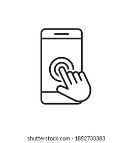 Hand touch smartphone icon in line style. Cursor finger vector illustration on white isolated background. Hand touch screen for app, web design and business concept.