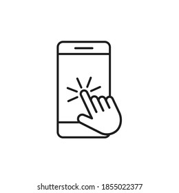 Toca mano el icono del smartphone en línea. Ilustración del vector del dedo del cursor sobre fondo aislado blanco. Pantalla táctil manual para aplicaciones, diseño web y concepto de negocio.