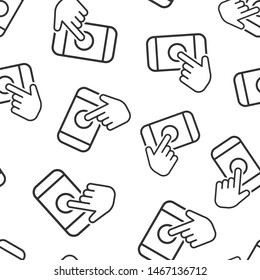 Hand touch smartphone icon seamless pattern background. Phone finger vector illustration on white isolated background. Cursor touchscreen business concept.