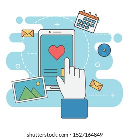 hand touch smartphone love message technology network social media vector illustration
